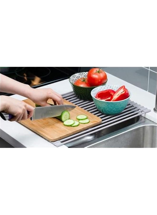 HOOKOR Over The Sink Dish Drying Rack, Roll Up Dish Drying Rack Kitchen Dish Rack Stainless Steel Sink Drying Rack, Foldable Dish Drainer, Gray (20.5x13.1)  - Image 5
