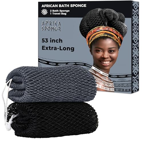 RelaxScene African Net Sponge Authentic - 2 Pieces 52IN Stretched Length Exfoliating Body Scrubber Bath Sponge - Loofah Washcloth Back Scrub for Shower Body Exfoliator - Image 1