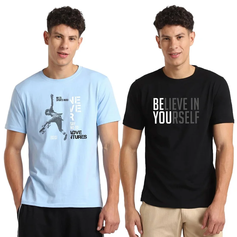 NOBERO Men's Cotton Graphic Printed T-Shirt Combo - Blue & Black