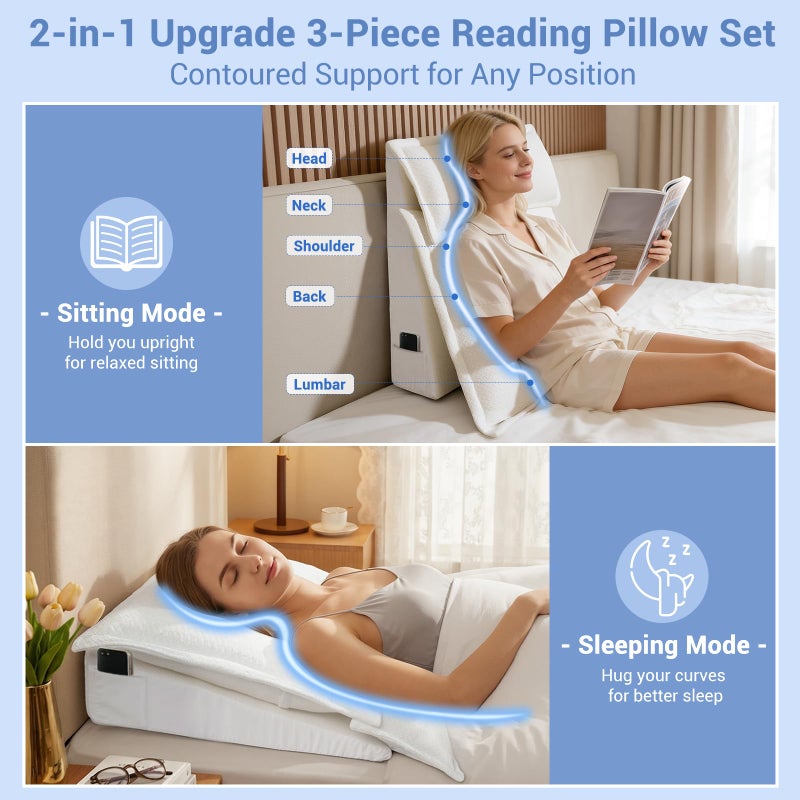 ESUERDO 3PCS Bed Wedge Pillow Set for Sleeping, 10" Adjustable Triangle Pillow Wedges for Acid Reflux, Snoring, Back Pain Relief, After Surgery, Reading Pillow for Sitting in Bed Adult with Washable Cover - Image 3