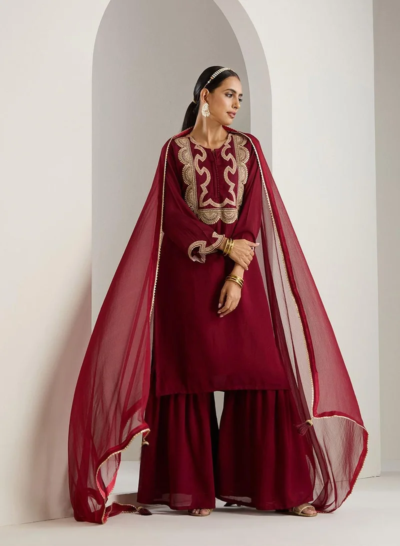 ISHIN  Women's Maroon Polyester Blend Printed Tunic Full Length Palazzo Straight Fit Kurta Set for Women | Best Price UAE