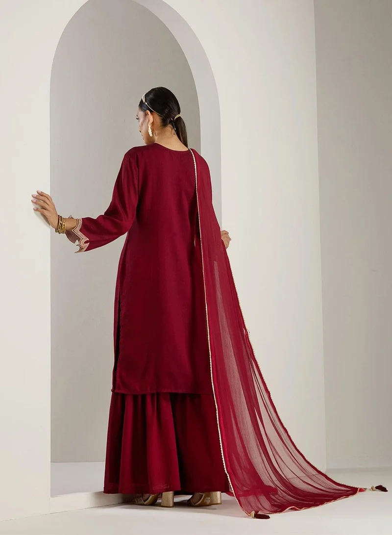 ISHIN  Women's Maroon Polyester Blend Printed Tunic Full Length Palazzo Straight Fit Kurta Set for Women | Best Price UAE