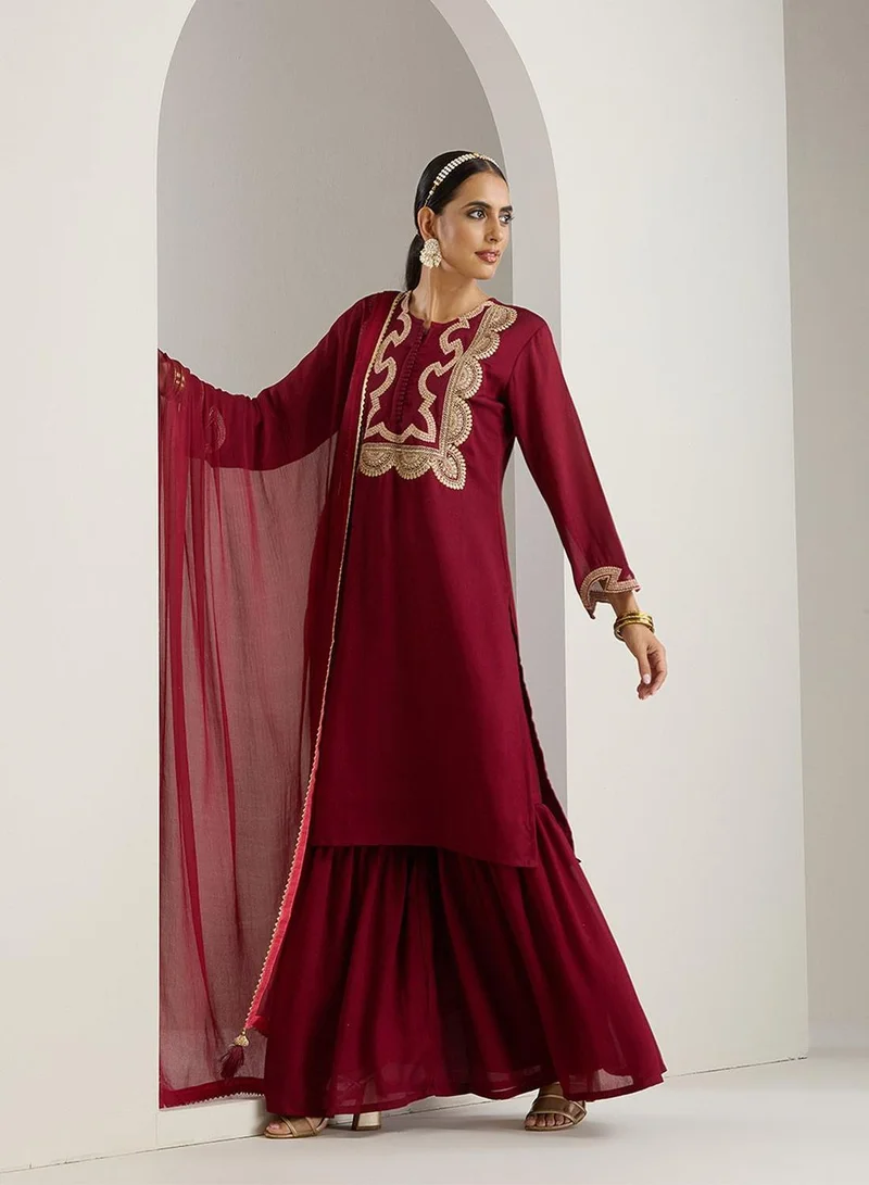 ISHIN  Women's Maroon Polyester Blend Printed Tunic Full Length Palazzo Straight Fit Kurta Set for Women | Best Price UAE