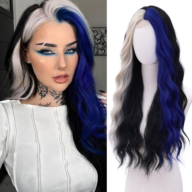 WECAN Black Blue Wig Blue Platinum Blonde Highlight WigsLong Synthetic Wig Heat Resistant Fiber Wigs for Daily Party Halloween Cosplay - Image 2
