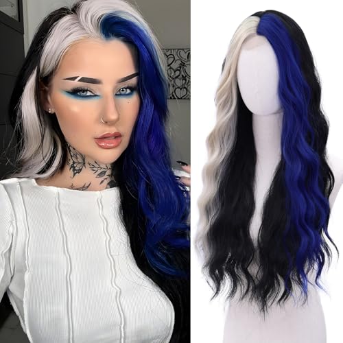 WECAN Black Blue Wig Blue Platinum Blonde Highlight WigsLong Synthetic Wig Heat Resistant Fiber Wigs for Daily Party Halloween Cosplay - Image 1