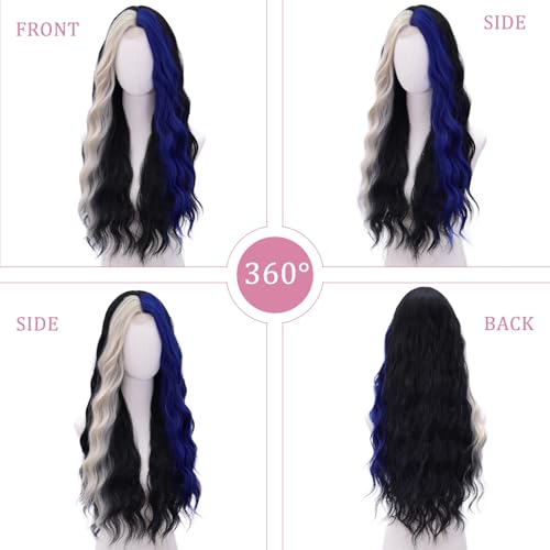 WECAN Black Blue Wig Blue Platinum Blonde Highlight WigsLong Synthetic Wig Heat Resistant Fiber Wigs for Daily Party Halloween Cosplay - Image 3