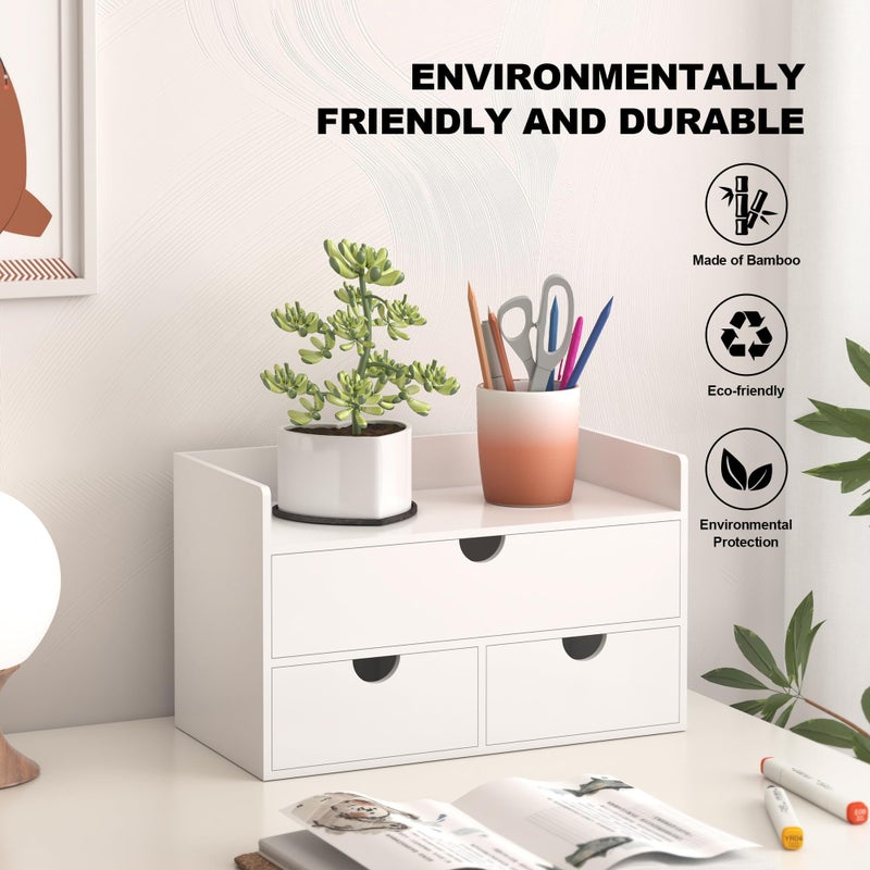 Wisuce Bamboo Desk Organizer - Mini Bamboo Desk Drawer Tabletop Cosmetic Storage Organization for Office or Home White with Shelf - Image 5