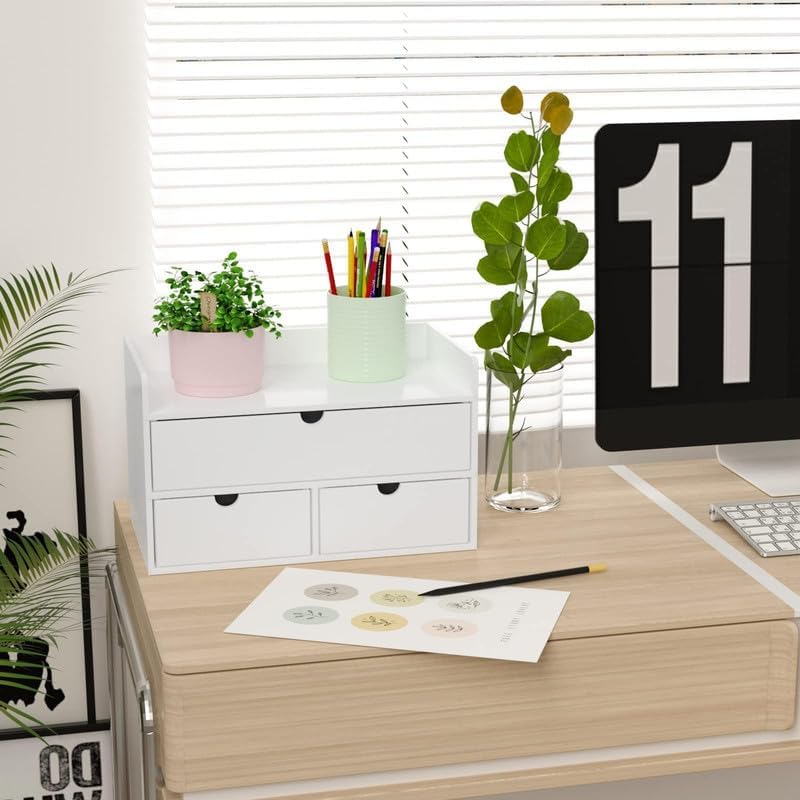 Wisuce Bamboo Desk Organizer - Mini Bamboo Desk Drawer Tabletop Cosmetic Storage Organization for Office or Home White with Shelf - Image 4