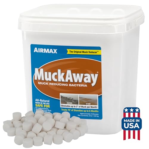 Airmax MuckAway, Natural Pond Muck Remover, Cleans & Clears Away Muck & Sludge, Easy to Use Bacteria & Enzyme Tablets, Safe for The Environment, Treats 1,500 Sq Ft, 6 Month Supply, 16 Scoops, 8 lbs - Image 1
