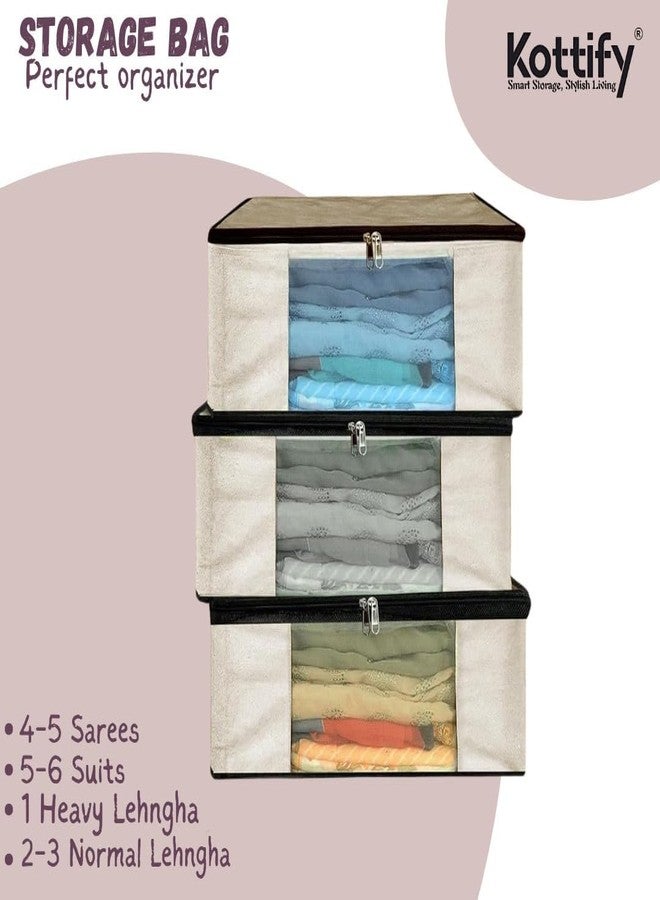 Kottify Cotton Canvas Clothes Storage Bags/Saree Covers with Zip for Storage Specially Design for Woman Dresses, Sarees, Lehengas for Wardrobe Organizer (17 x 14 x 7 Inch) (Pack of 4) - Image 5