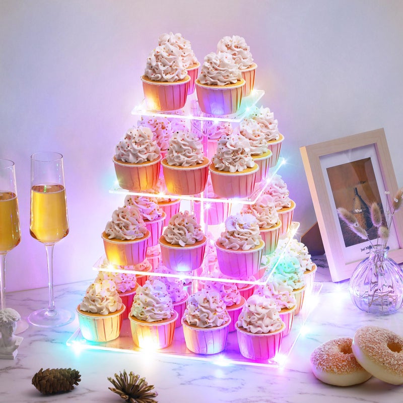 Suneerplay 4 Tier Cupcake Stand with LED String Light, Acrylic Cupcake Display Stand, Square Cupcake Tower Holder, Cup Cake Stand for Birthday, Wedding, Baby Shower, Party - Image 5