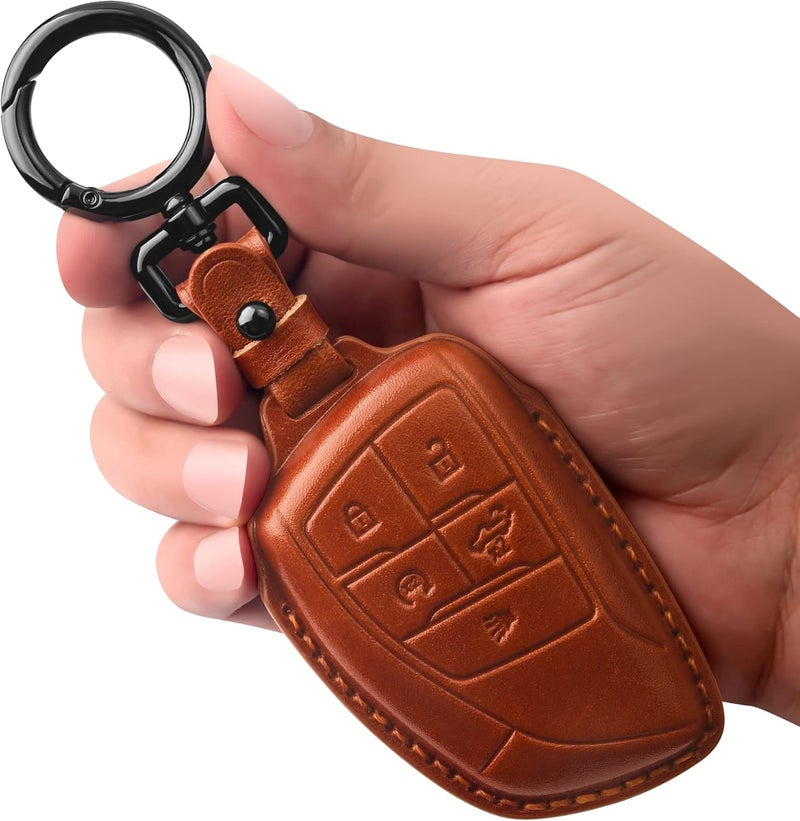 Tukellen غطاء مفتاح من الجلد الطبيعي من Tukellen حامل مفتاح ذكي غلاف مناسب لسيارات Chevy Chevrolet Colorado وEquinox وSilverado وGMC Canyon وSierra وTerrain وYukon Denali وSuburban وTahoe وBuick من 2021 إلى 2026 - بني - Image 1