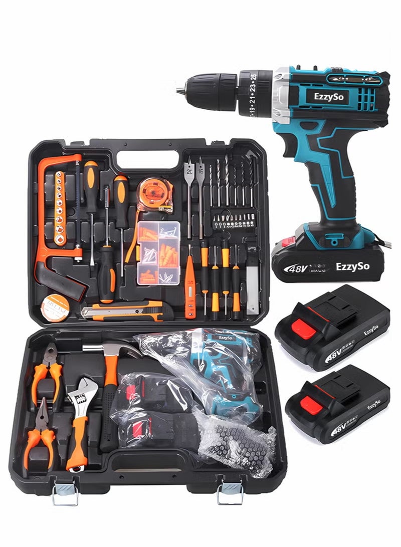 EzzySo 128 Piece Power Tools Kit with 48V Cordless Drill, Professional Household Home Tool Kit Set with DIY Hand Tool Kits for Garden Office House Repair Maintain - Image 1