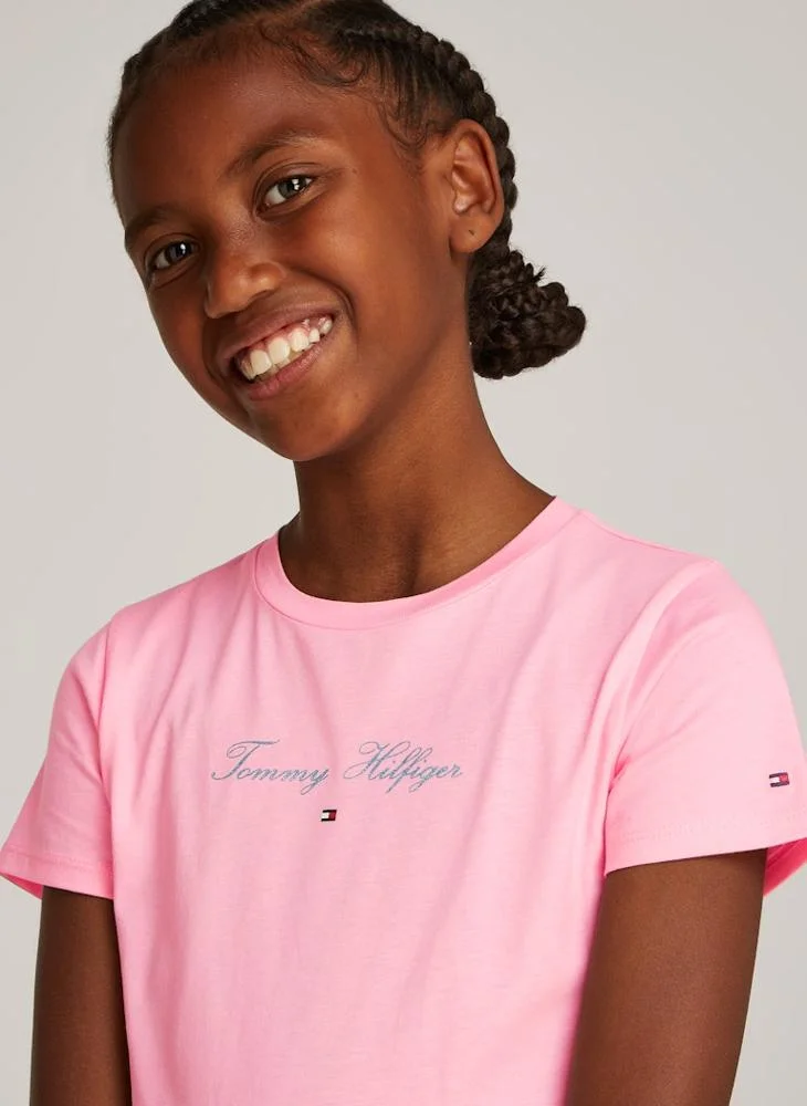 تومي هيلفيغر Kids Crew Neck Script Logo Slim Fit T-Shirt