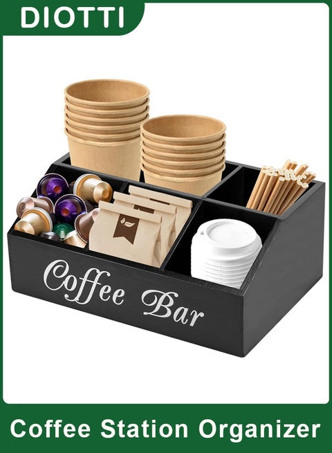 منظم محطة قهوة خشبي ريفي مع 5 أقسام لإكسسوارات بار القهوة، وكبسولات القهوة، وتخزين سطح الطاولة