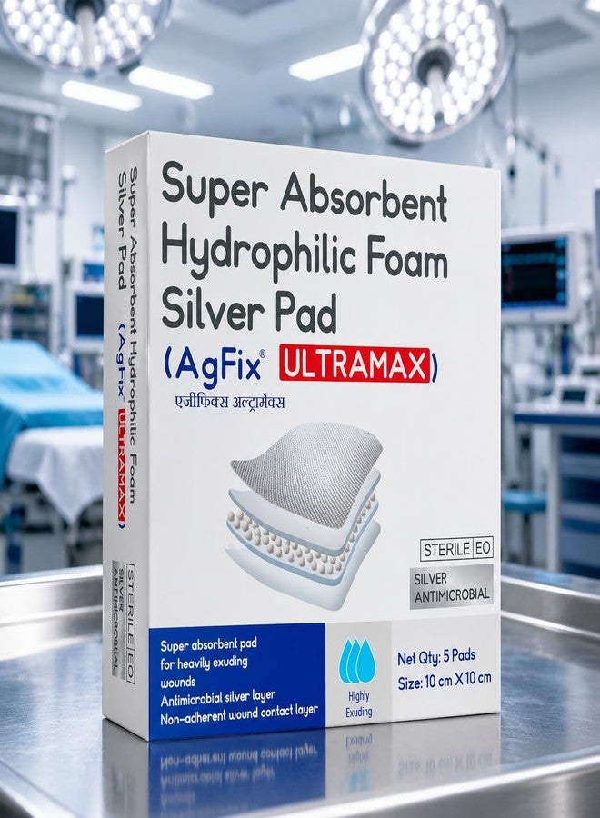 GUDYB AgFix Super Absorbent Hydrophilic Foam Silver Pad ULTRAMAX | Antimicrobial Silver Wound Dressing | High Absorbency, Low Adherence Foam Pad for Ulcers, Burns & Complex Wounds (Box of 5 Pieces) - Image 1
