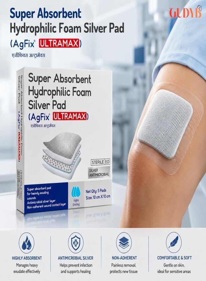GUDYB AgFix Super Absorbent Hydrophilic Foam Silver Pad ULTRAMAX | Antimicrobial Silver Wound Dressing | High Absorbency, Low Adherence Foam Pad for Ulcers, Burns & Complex Wounds (Box of 5 Pieces) - Image 3