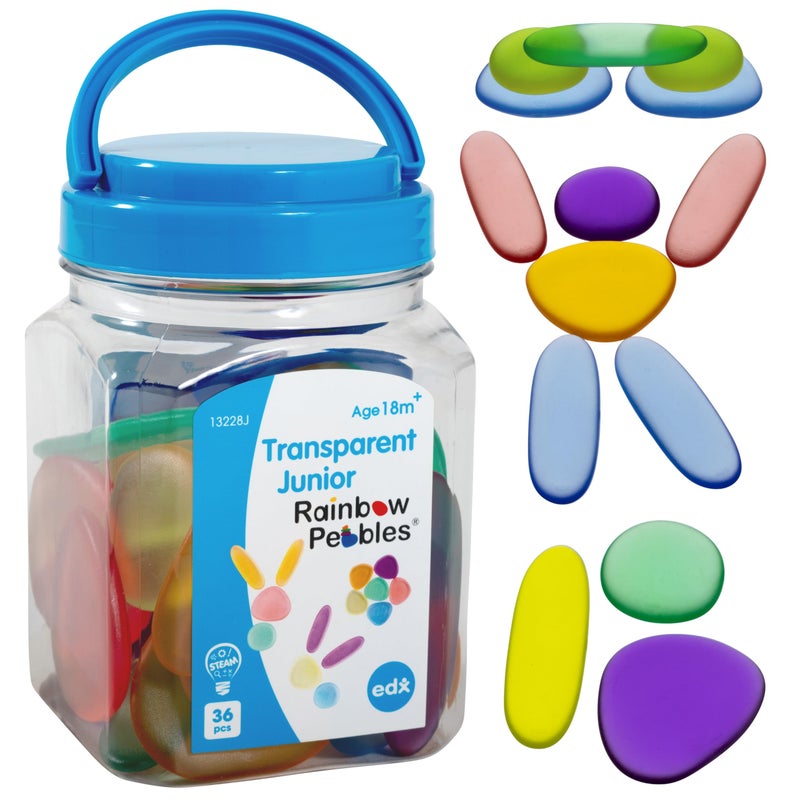 edxeducation13228 Junior Rainbow Pebbles Clear Colors Mini Jar Ages 18M Sorting and Stacking Stones Early Math Manipulative for Children First Counting and Construction Toy
