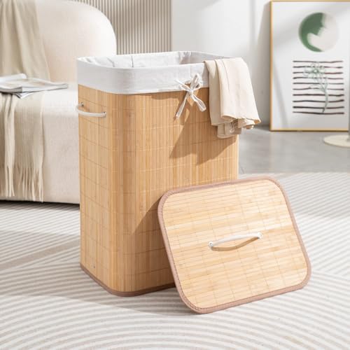 HOKIPO Eco-Friendly Foldable Bamboo Laundry Basket Hamper with Lid, Large - 81 Liter, Coffee Brown (AR1538) - Image 2