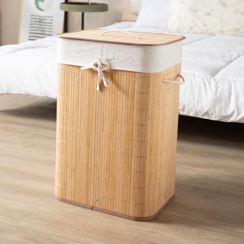 HOKIPO Eco-Friendly Foldable Bamboo Laundry Basket Hamper with Lid, Large - 81 Liter, Coffee Brown (AR1538) - Image 1