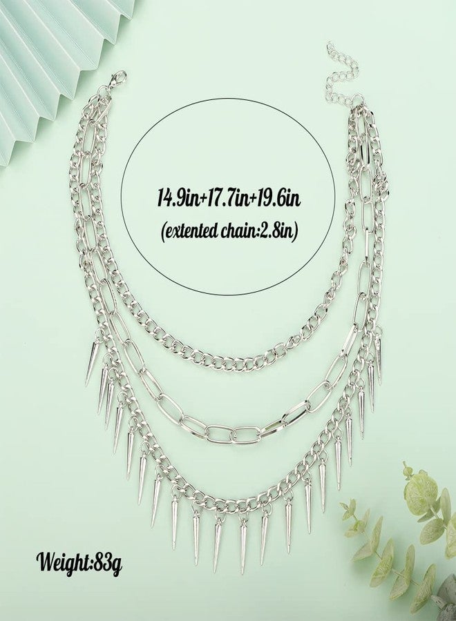 Chargances Punk Layered Studded Rivets Necklace Silver Paperclip Chain Choker Goth Metal Spike Neckalce Adjustable Streetwear Collar for Women - Image 4