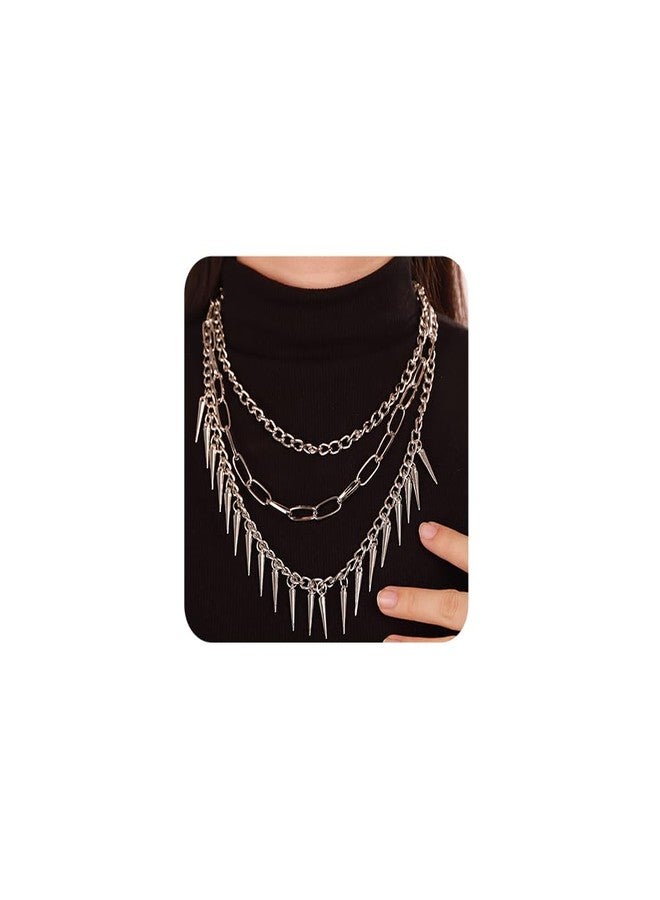 Chargances Punk Layered Studded Rivets Necklace Silver Paperclip Chain Choker Goth Metal Spike Neckalce Adjustable Streetwear Collar for Women - Image 1