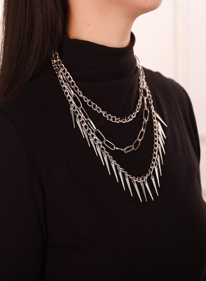 Chargances Punk Layered Studded Rivets Necklace Silver Paperclip Chain Choker Goth Metal Spike Neckalce Adjustable Streetwear Collar for Women - Image 2