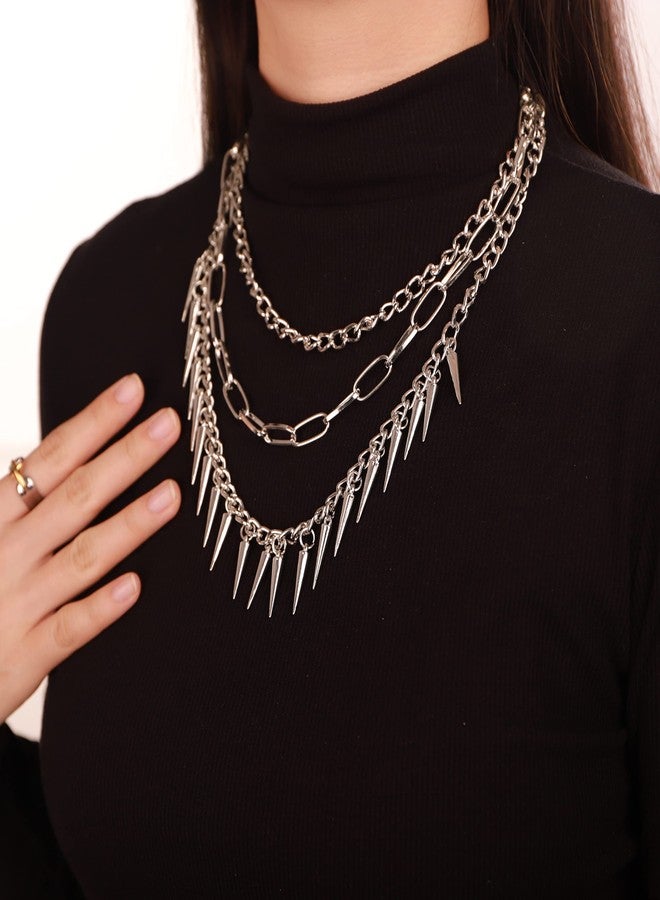 Chargances Punk Layered Studded Rivets Necklace Silver Paperclip Chain Choker Goth Metal Spike Neckalce Adjustable Streetwear Collar for Women - Image 3