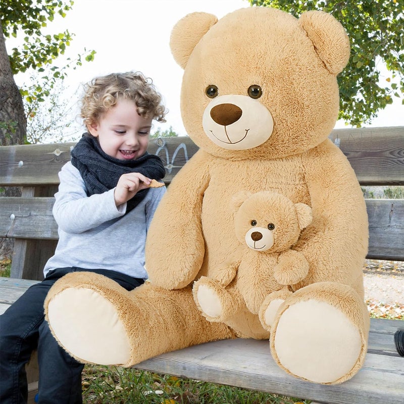 MorisMos 130 cm Giant Teddy Cuddly Toy XXL with Small Bear, Large Teddy Bear, Plush Bear, Fabric Bear, Birthday Christmas Gift for Children, Baby Light Brown - Image 4