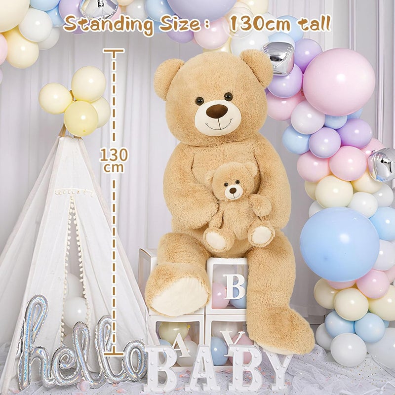 MorisMos 130 cm Giant Teddy Cuddly Toy XXL with Small Bear, Large Teddy Bear, Plush Bear, Fabric Bear, Birthday Christmas Gift for Children, Baby Light Brown - Image 3