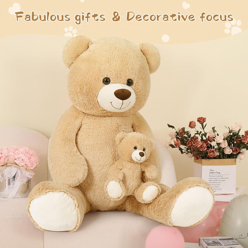 MorisMos 130 cm Giant Teddy Cuddly Toy XXL with Small Bear, Large Teddy Bear, Plush Bear, Fabric Bear, Birthday Christmas Gift for Children, Baby Light Brown - Image 5