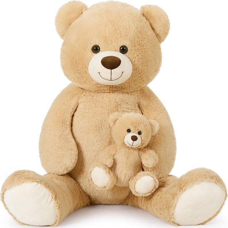 MorisMos 130 cm Giant Teddy Cuddly Toy XXL with Small Bear, Large Teddy Bear, Plush Bear, Fabric Bear, Birthday Christmas Gift for Children, Baby Light Brown - Image 1