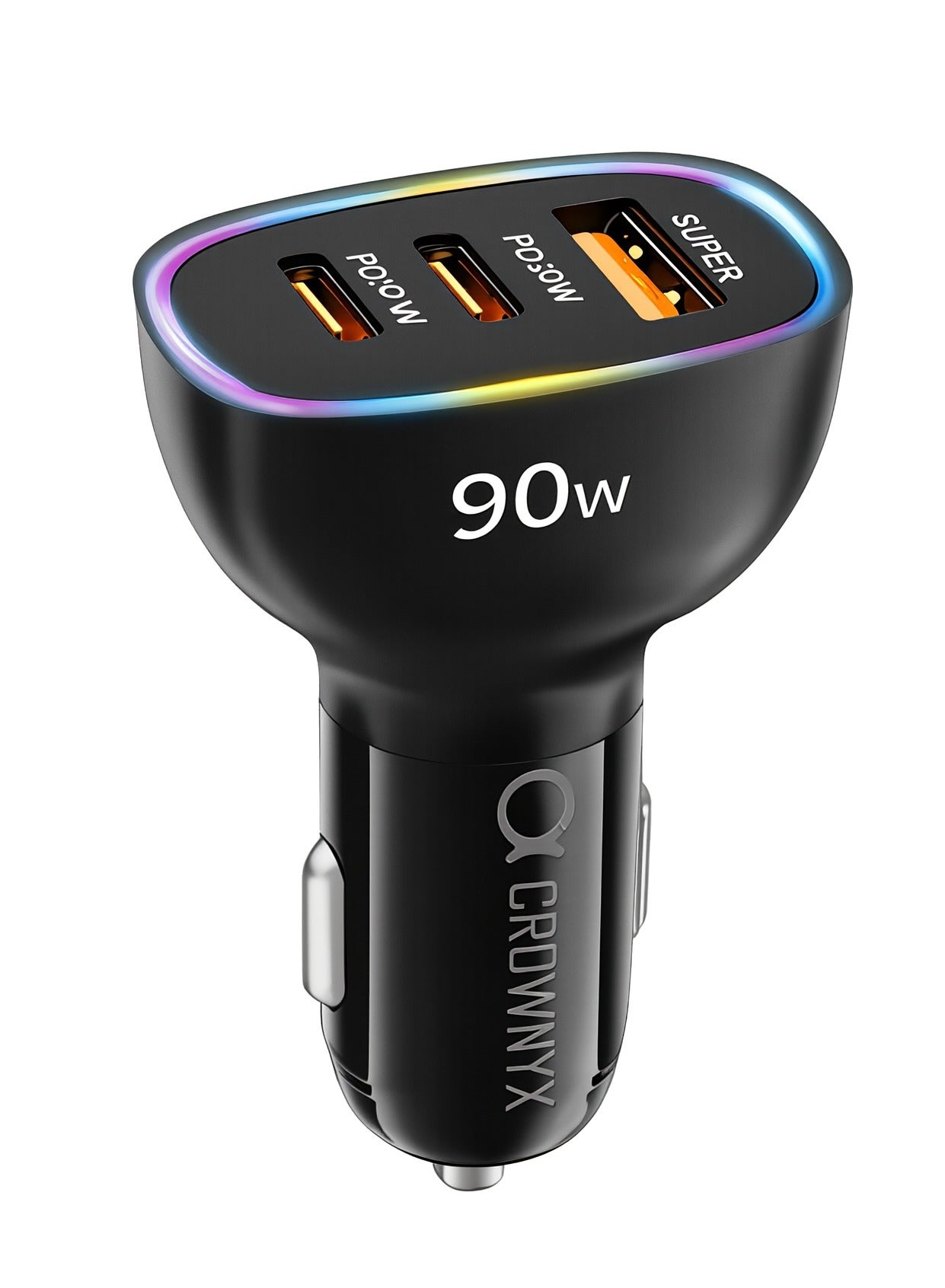 CROWNYX CAC-101 90W Fast Car Charger, 3-Port USB-C PD Adapter (2×USB-C + USB-A), Fast Charging for MacBook, iPhone, Samsung, iPad & Android, 12V/24V Car Charger for Car/Truck – Black