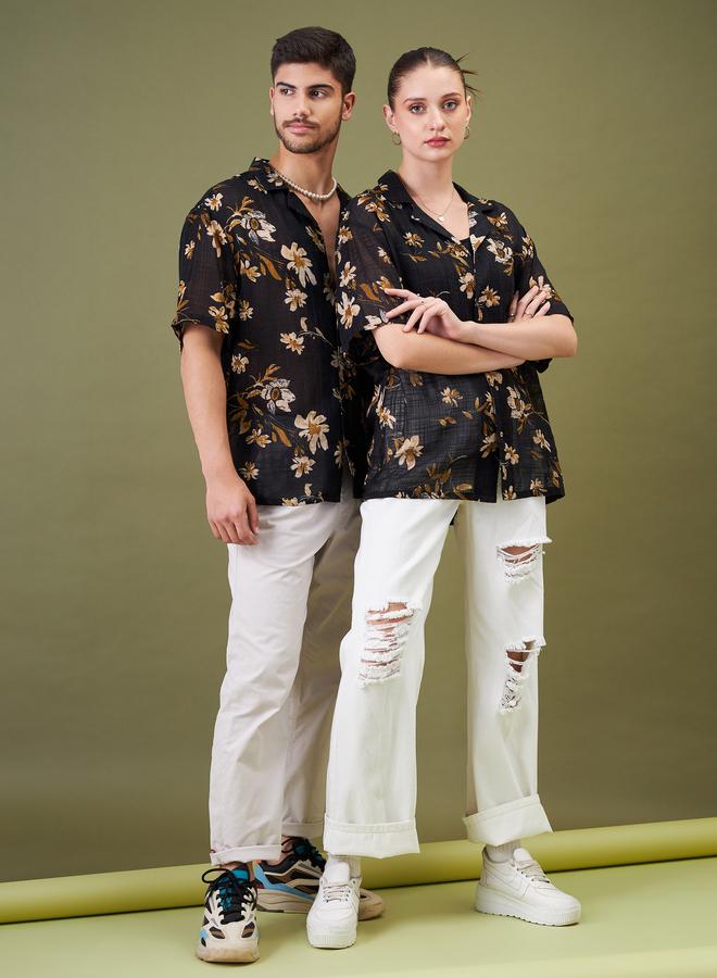 SASSAFRAS Unisex Black Floral Camp Collar Shirt - Image 5