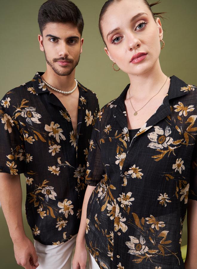 SASSAFRAS Unisex Black Floral Camp Collar Shirt - Image 2