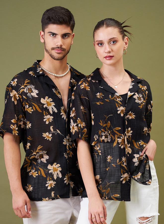 SASSAFRAS Unisex Black Floral Camp Collar Shirt - Image 1