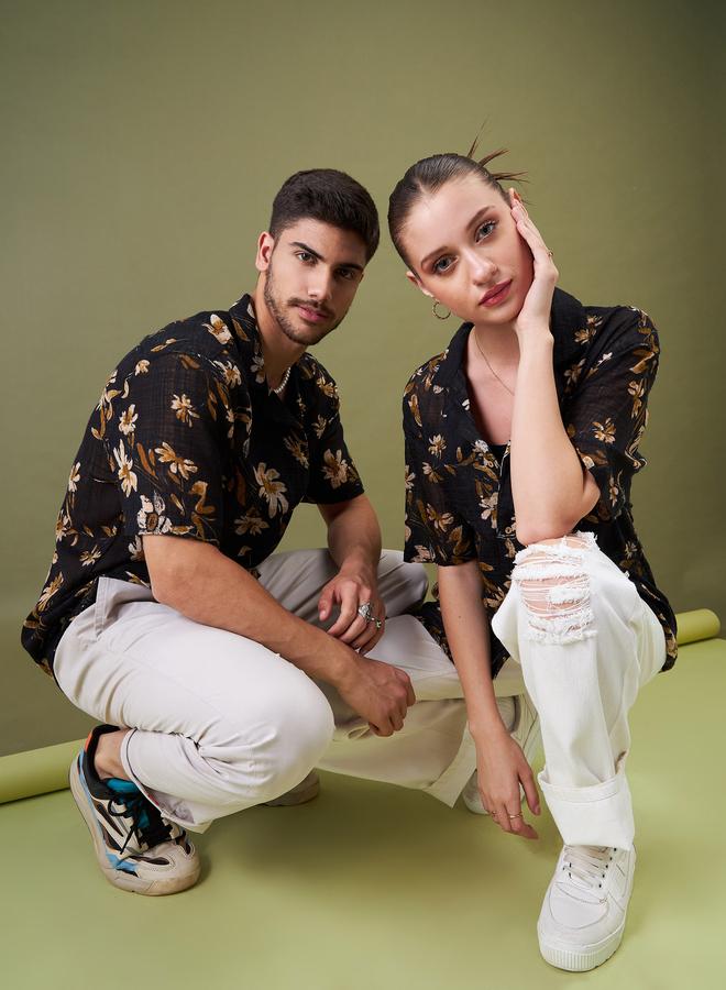 SASSAFRAS Unisex Black Floral Camp Collar Shirt - Image 3