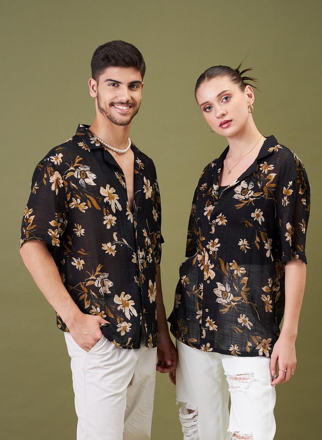 SASSAFRAS Unisex Black Floral Camp Collar Shirt - Image 4