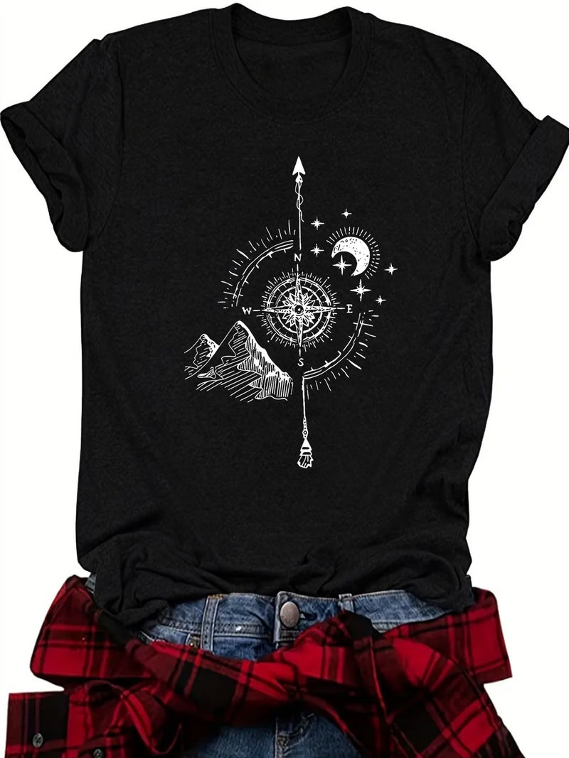 Women'S Explosive Summer Women'S Moon Mountain Pattern Round Neck Short Sleeve Casual Fashion T-Shirt - Image 5