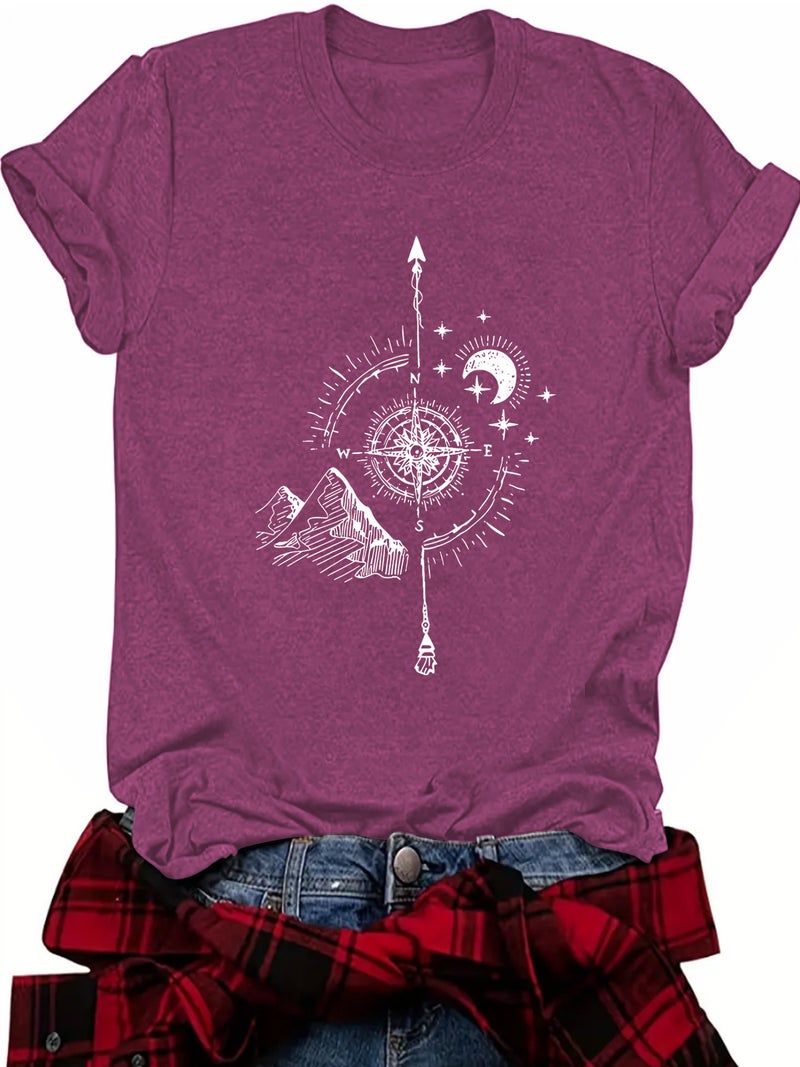 Women'S Explosive Summer Women'S Moon Mountain Pattern Round Neck Short Sleeve Casual Fashion T-Shirt - Image 1