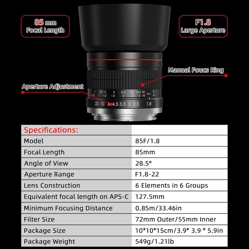 Lightdow F 85mm f1.8 Portrait Lens - MF for Nikon D850/D750/D500/D7500/D610/D5600/D7200/D7000/D3500/D3400/D3300/D3200/D3100/D5/D6/D810//D7100/D5300/D5100/D800 - Manual Focus DSLR Cameras Lenses(F-Mount) - Image 2