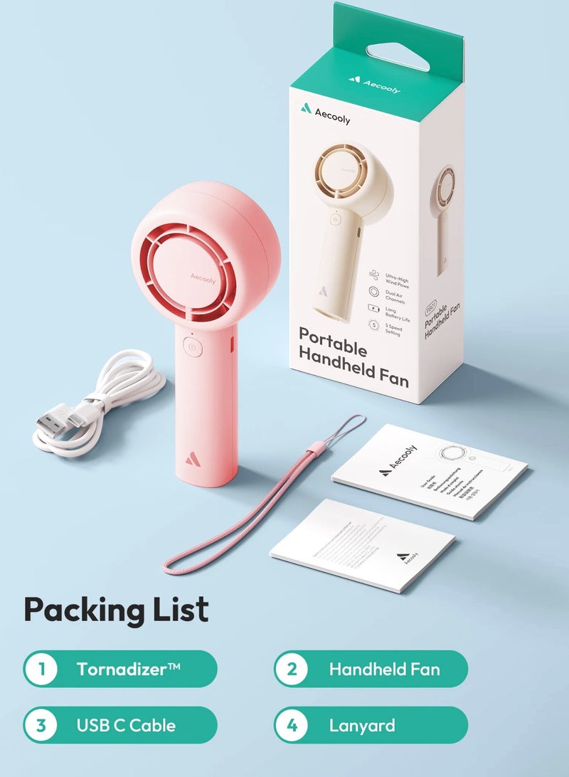 Aecooly Handheld Turbo Fan, Mini Portable Hand Fan, 3000mAh USB Rechargeable Personal Fan, Battery Operated Small Pocket Fan with 5 Speeds for Travel, Outdoor, Home, Office (Pink) - Image 2