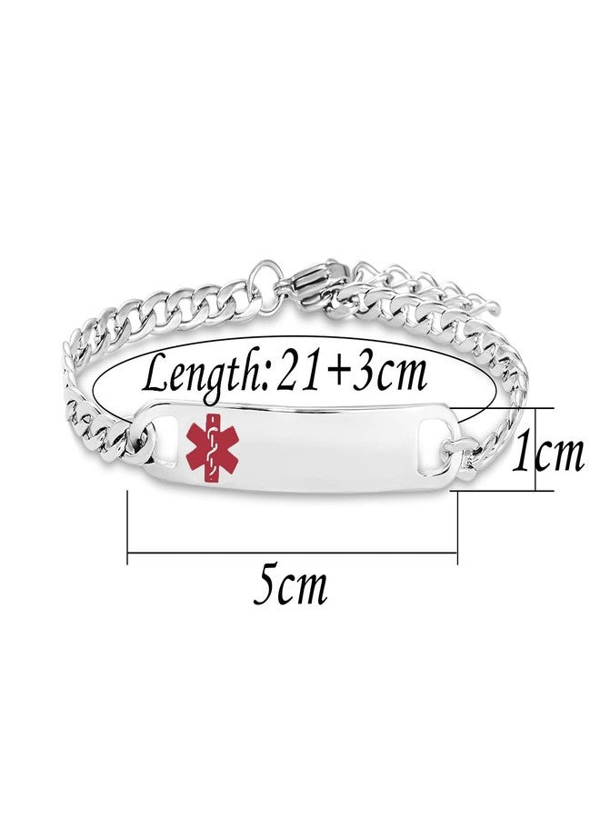 TGLS Red Medical Alert Bracelet for Women Men Emergency First Aid Health Alert Engraved Adjustable Stainless Steel Chain Bracelets, 8 Inch, Metal, stainless-steel - Image 2