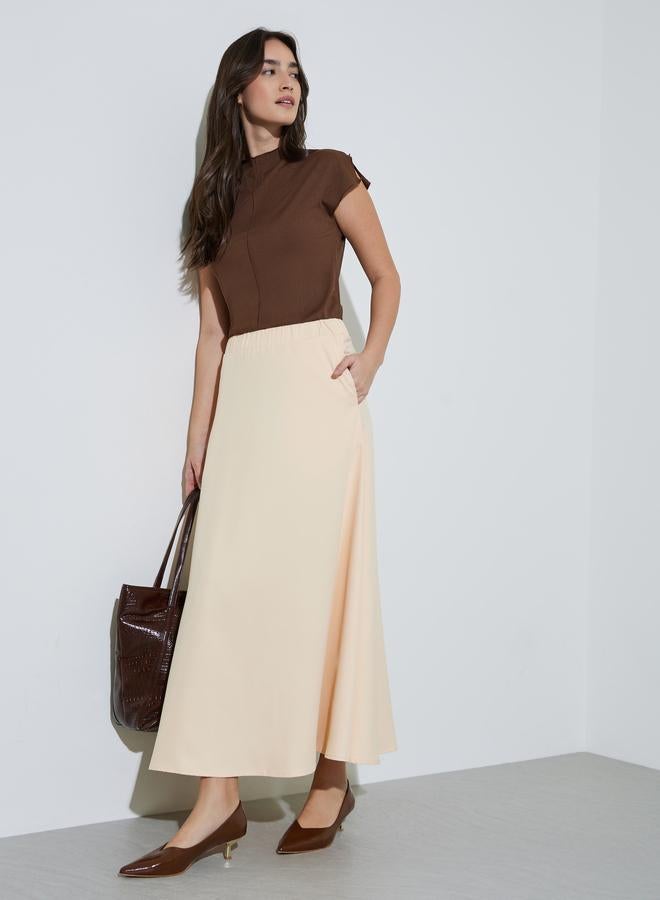 Styli Cream Solid Pocket Detail A-Line Maxi Skirt - Image 1
