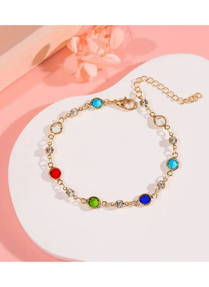 Goolsky 1pc Shiny Rhinestone Decor Bracelet For Summer, Colorful Imitation Crystal Bracelet, Suitable For Daily Leisure, Beach Parties, Copper Jewelry  - Image 2