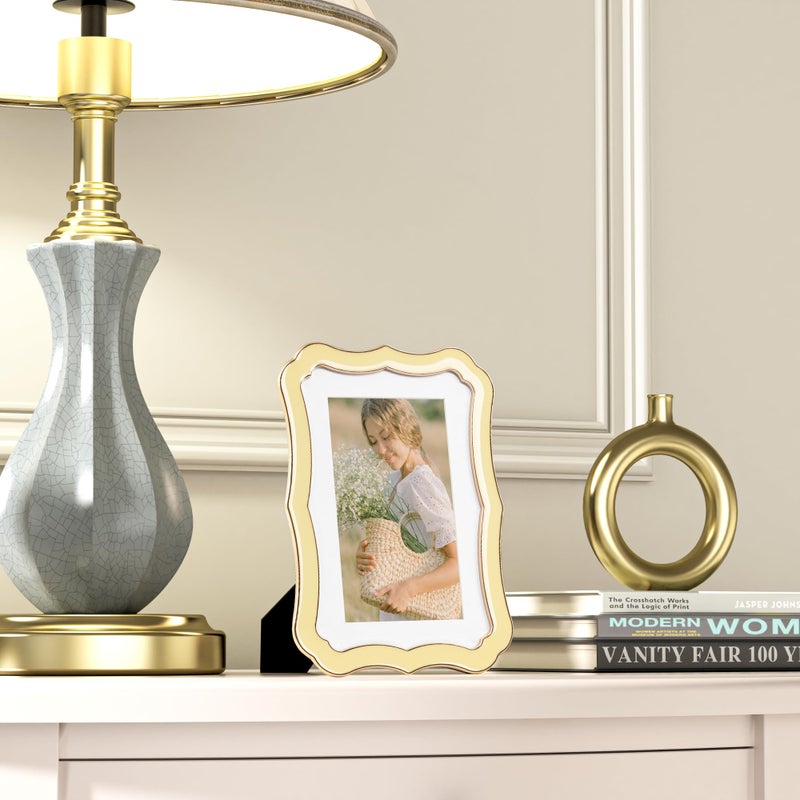 RICHFOCUS 4x6 Enamel Picture Frame with HD-Tempered Glass, Display 3x5 Photo with Mat, Ornate Photo Frame with Gold Metal Edge & Velvet Back for Tabletop & Wall Mount Vertically or Horizontally Display, Yellow - Image 2