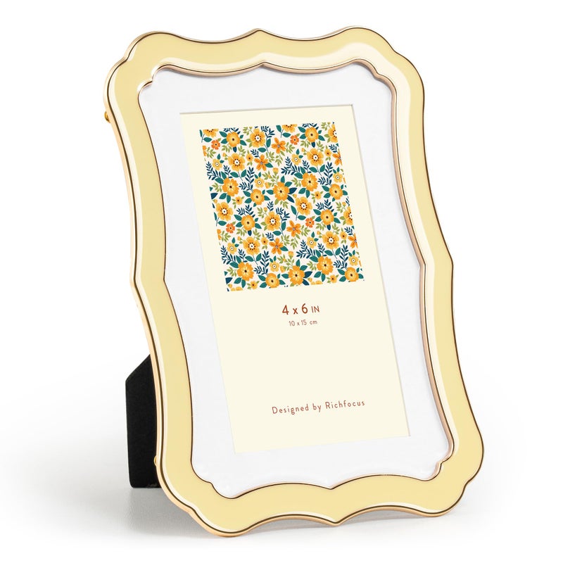 RICHFOCUS 4x6 Enamel Picture Frame with HD-Tempered Glass, Display 3x5 Photo with Mat, Ornate Photo Frame with Gold Metal Edge & Velvet Back for Tabletop & Wall Mount Vertically or Horizontally Display, Yellow - Image 1