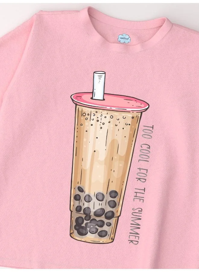 Nautinati Pink Nautinati Girls’ Sticker Print Cotton T-shirt | Oversized T-shirt for 2-10 Years for Women | Best Price UAE