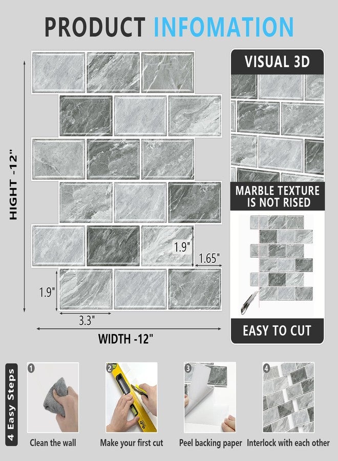 URCOLOR 10-Sheet Stick on Backsplash for Kitchen,12"x12" Peel and Stick Self Adhesive Wall Tiles Back Splashes for Bathroom Light Gray Marble Look - Image 5