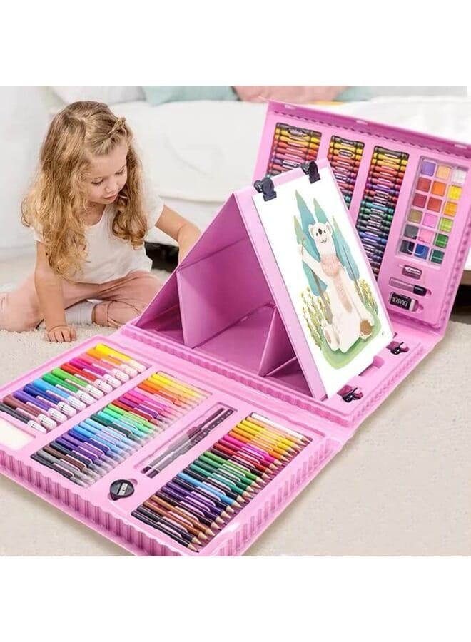 XDISHYN 208 PCS Art Supplies, BRAND Drawing Kit for Kids Adults Art Set with Double Sided Trifold Easel, Oil Pastels, Crayons(Pink)